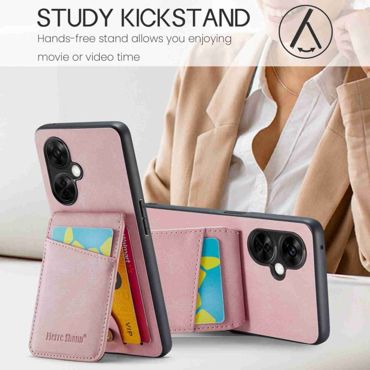 For OnePlus Nord CE 3 / CE 3 Lite Fierre Shann Crazy Horse Card Holder Back Cover PU Phone Case(Pink) by FIERRE SHANN