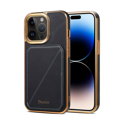 For iPhone 15 Pro Max Denior Oil Wax Leather Electroplating Card Slot Holder Phone Case(Blue) by Denior