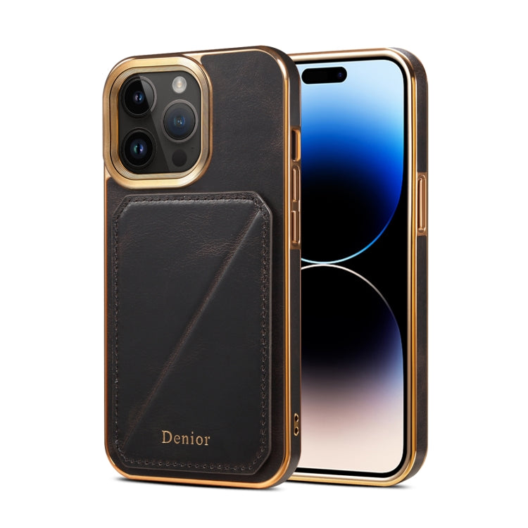 For iPhone 15 Pro Denior Oil Wax Leather Electroplating Card Slot Holder Phone Case(Black) by Denior