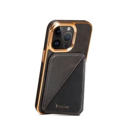 For iPhone 15 Pro Denior Oil Wax Leather Electroplating Card Slot Holder Phone Case(Black) by Denior