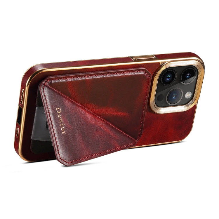 For iPhone 15 Pro Denior Oil Wax Leather Electroplating Card Slot Holder Phone Case(Red) by Denior