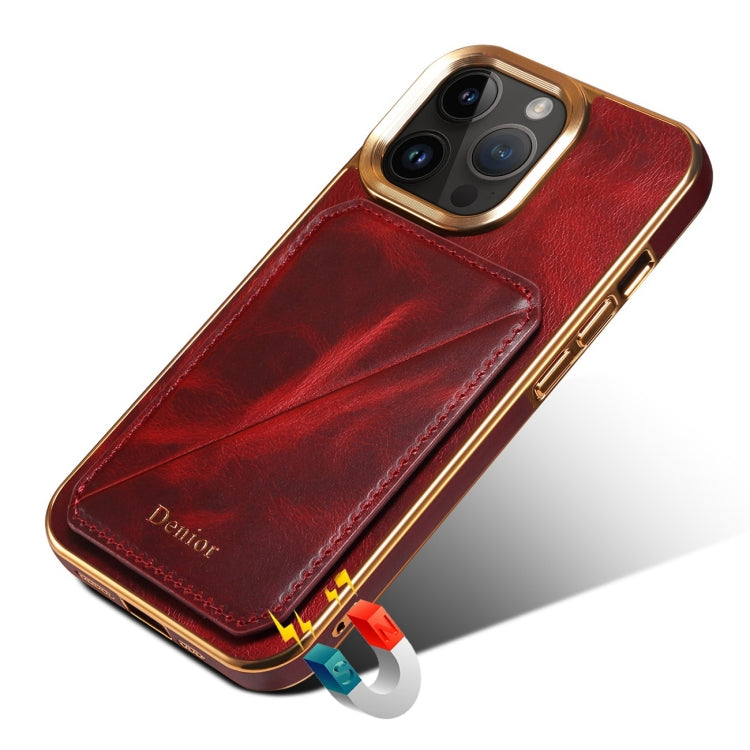 For iPhone 15 Pro Denior Oil Wax Leather Electroplating Card Slot Holder Phone Case(Red) by Denior
