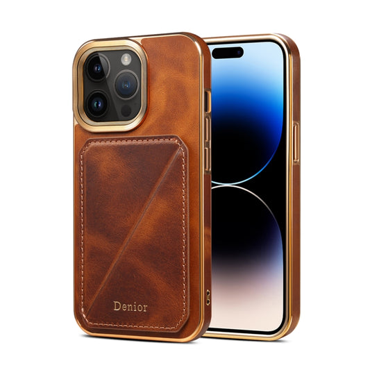 For iPhone 15 Pro Denior Oil Wax Leather Electroplating Card Slot Holder Phone Case(Brown) by Denior