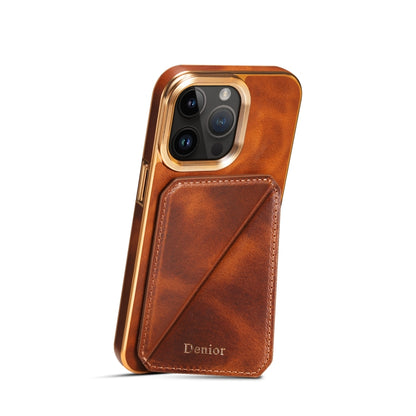 For iPhone 15 Pro Denior Oil Wax Leather Electroplating Card Slot Holder Phone Case(Brown) by Denior