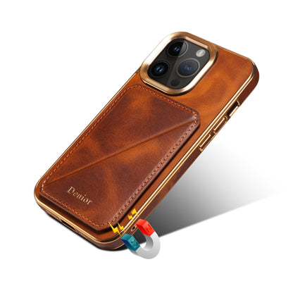 For iPhone 15 Pro Denior Oil Wax Leather Electroplating Card Slot Holder Phone Case(Brown) by Denior