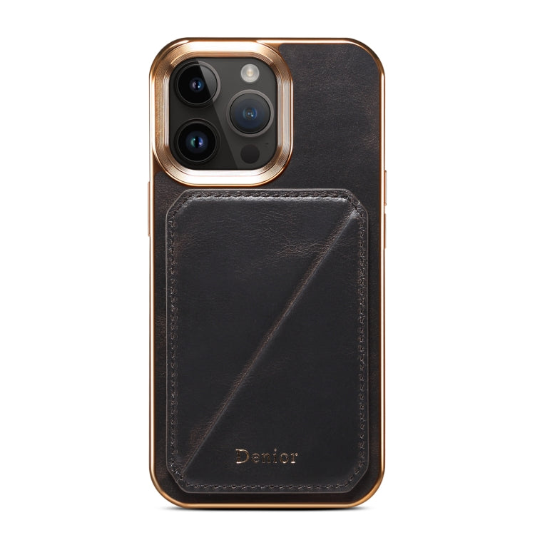For iPhone 15 Plus Denior Oil Wax Leather Electroplating Card Slot Holder Phone Case(Black) by Denior