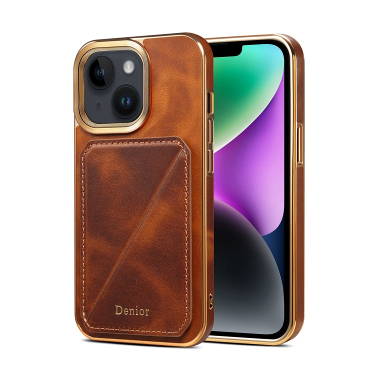 For iPhone 15 Plus Denior Oil Wax Leather Electroplating Card Slot Holder Phone Case(Brown) by Denior