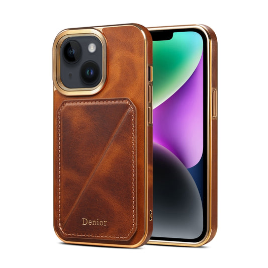 For iPhone 15 Plus Denior Oil Wax Leather Electroplating Card Slot Holder Phone Case(Brown) by Denior