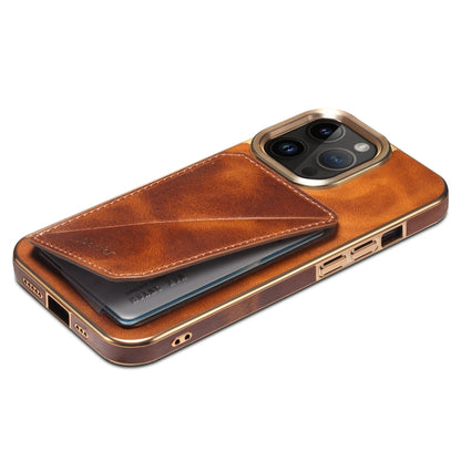 For iPhone 15 Plus Denior Oil Wax Leather Electroplating Card Slot Holder Phone Case(Brown) by Denior