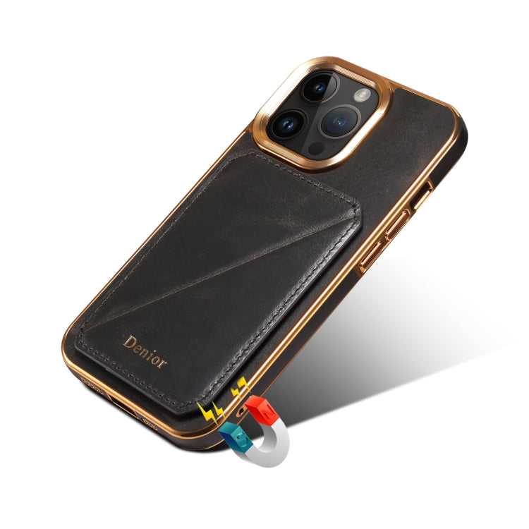 For iPhone 15 Denior Oil Wax Leather Electroplating Card Slot Holder Phone Case(Black) by Denior