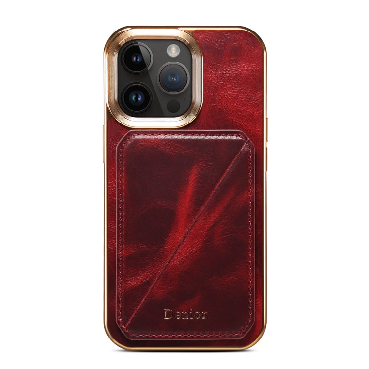 For iPhone 15 Denior Oil Wax Leather Electroplating Card Slot Holder Phone Case(Red) by Denior
