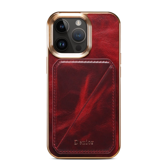 For iPhone 15 Denior Oil Wax Leather Electroplating Card Slot Holder Phone Case(Red) by Denior