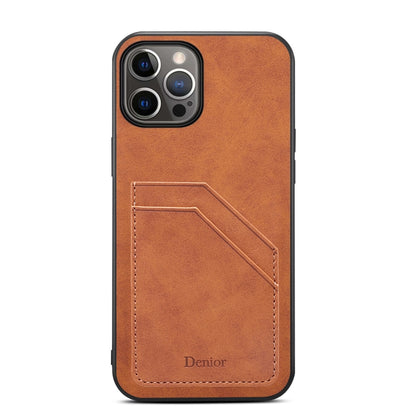 For iPhone 15 Denior PU Dual Card Slot Back Cover Phone Case(Brown) by Denior