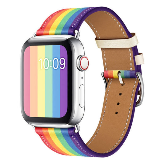 For Apple Watch Series 7 45mm / 6 & SE & 5 & 4 44mm / 3 & 2 & 1 42mm Rainbow Leather Watch Band(White) by bashfashion