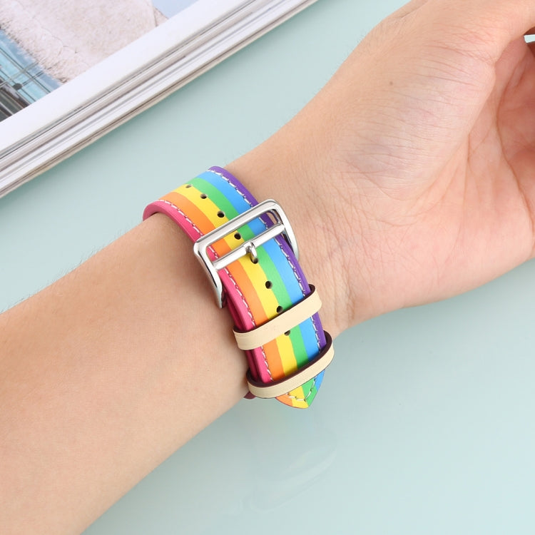 For Apple Watch Series 7 45mm / 6 & SE & 5 & 4 44mm / 3 & 2 & 1 42mm Rainbow Leather Watch Band(White) by bashfashion