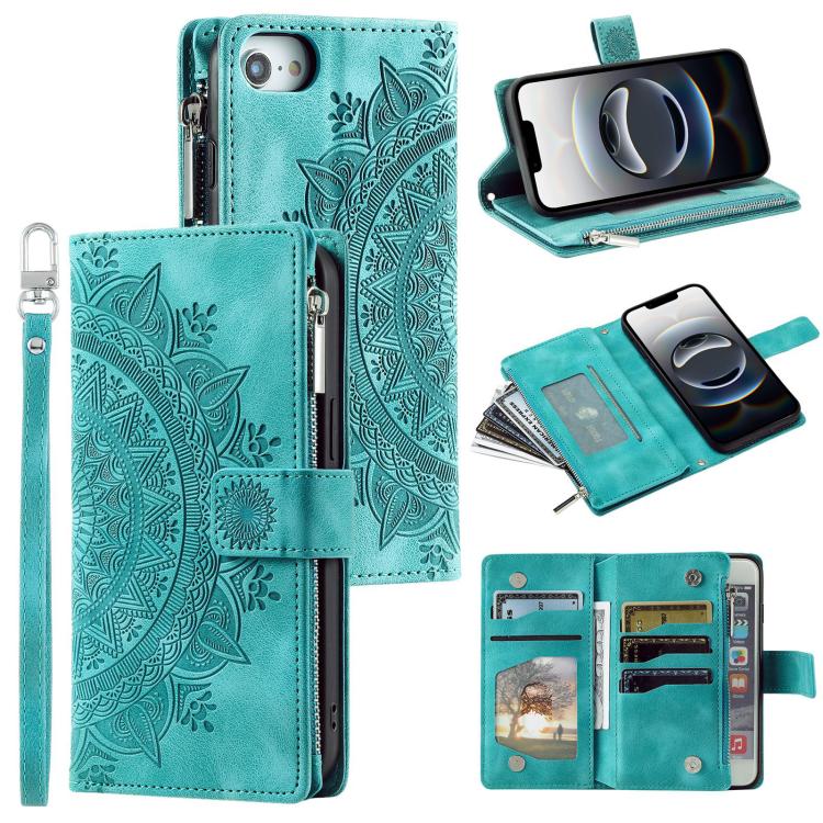 For iPhone 16e Multi-Card Totem Zipper Leather Phone Case(Green) by bashfashion