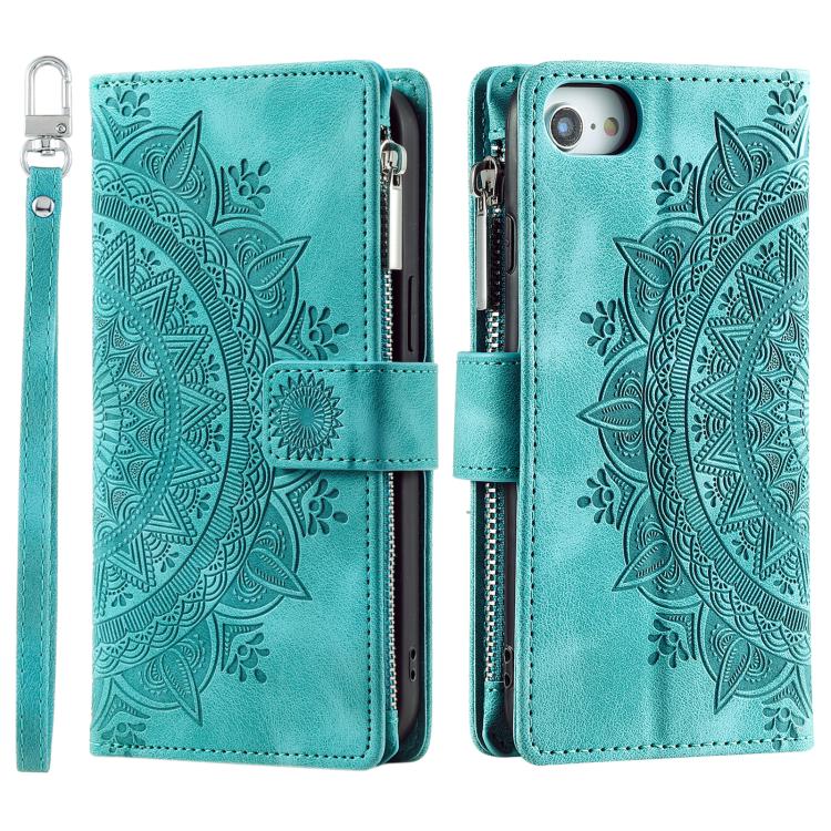 For iPhone 16e Multi-Card Totem Zipper Leather Phone Case(Green) by bashfashion