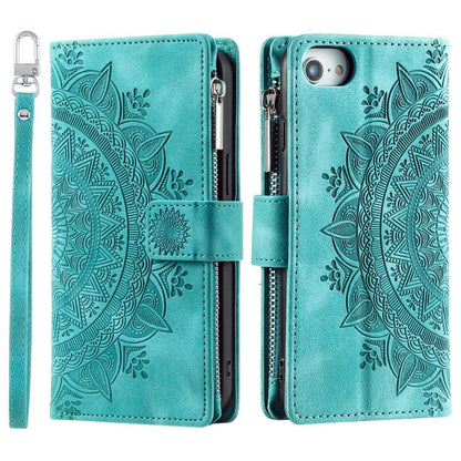 For iPhone 16e Multi-Card Totem Zipper Leather Phone Case(Green) by bashfashion