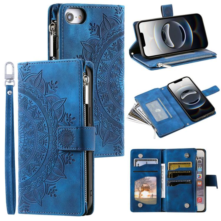 For iPhone 16e Multi-Card Totem Zipper Leather Phone Case(Blue) by bashfashion
