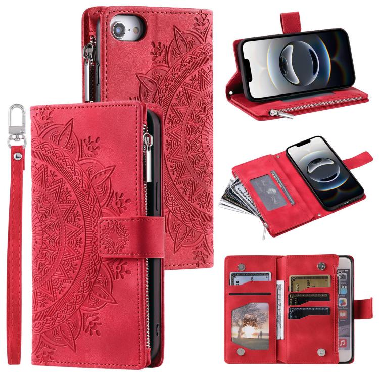 For iPhone 16e Multi-Card Totem Zipper Leather Phone Case(Red) by bashfashion