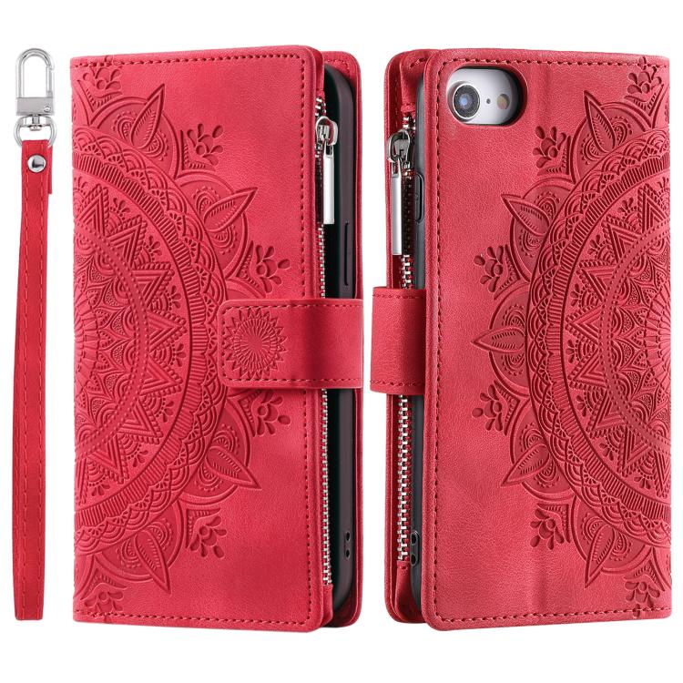 For iPhone 16e Multi-Card Totem Zipper Leather Phone Case(Red) by bashfashion