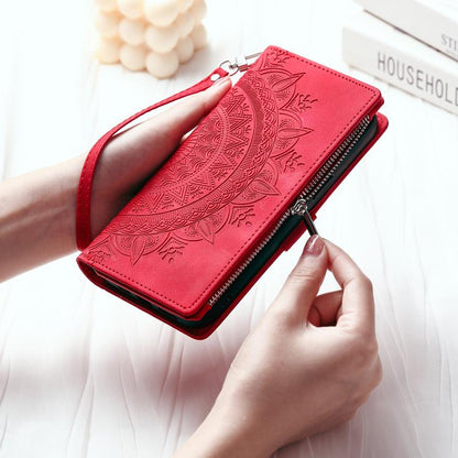 For iPhone 16e Multi-Card Totem Zipper Leather Phone Case(Red) by bashfashion