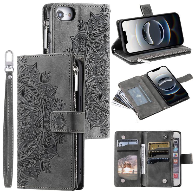 For iPhone 16e Multi-Card Totem Zipper Leather Phone Case(Grey) by bashfashion