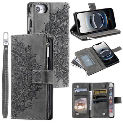 For iPhone 16e Multi-Card Totem Zipper Leather Phone Case(Grey) by bashfashion