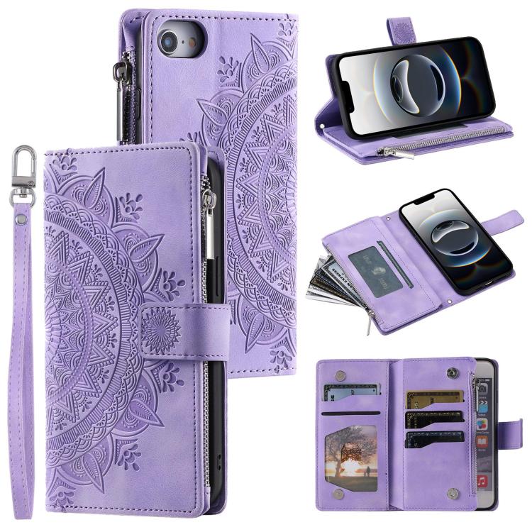 For iPhone 16e Multi-Card Totem Zipper Leather Phone Case(Purple) by bashfashion