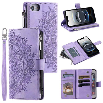 For iPhone 16e Multi-Card Totem Zipper Leather Phone Case(Purple) by bashfashion