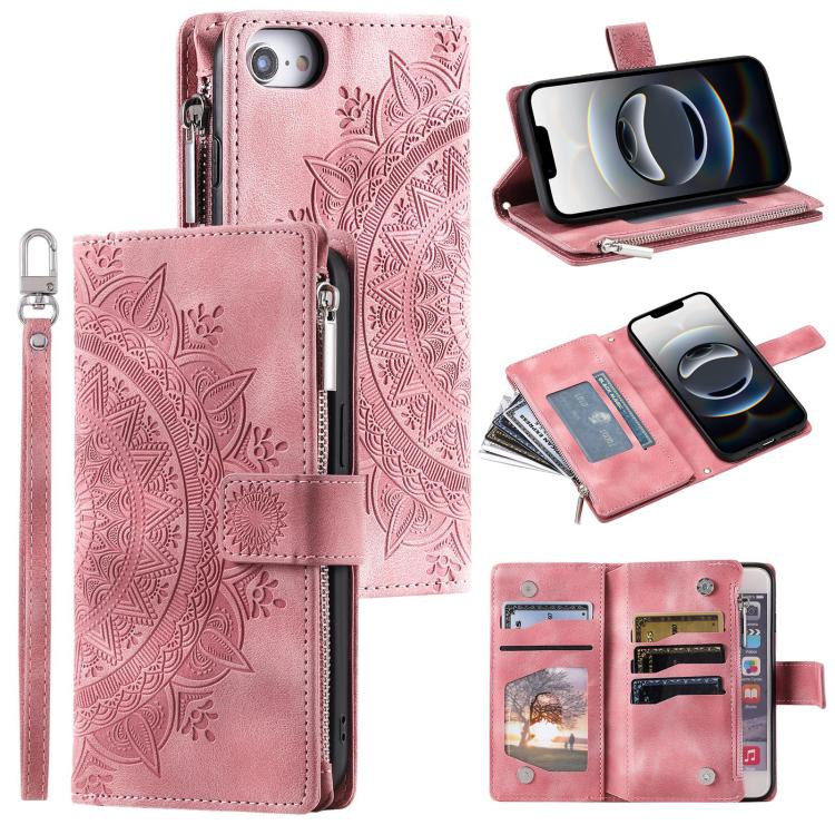 For iPhone 16e Multi-Card Totem Zipper Leather Phone Case(Pink) by bashfashion