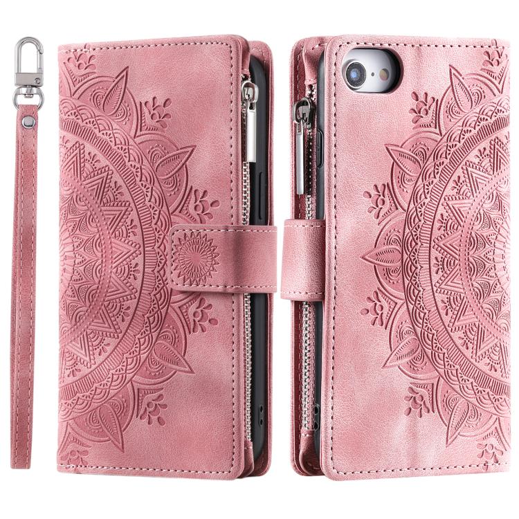 For iPhone 16e Multi-Card Totem Zipper Leather Phone Case(Pink) by bashfashion
