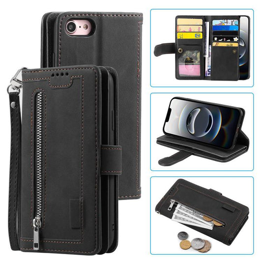 For iPhone 16e Nine Card Zipper Bag Leather Phone Case with Lanyard(Black) by bashfashion
