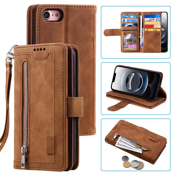For iPhone 16e Nine Card Zipper Bag Leather Phone Case with Lanyard(Brown) by bashfashion