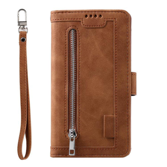 For iPhone 16e Nine Card Zipper Bag Leather Phone Case with Lanyard(Brown) by bashfashion