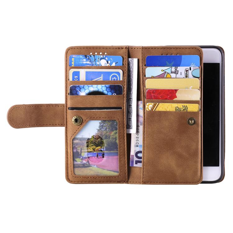 For iPhone 16e Nine Card Zipper Bag Leather Phone Case with Lanyard(Brown) by bashfashion