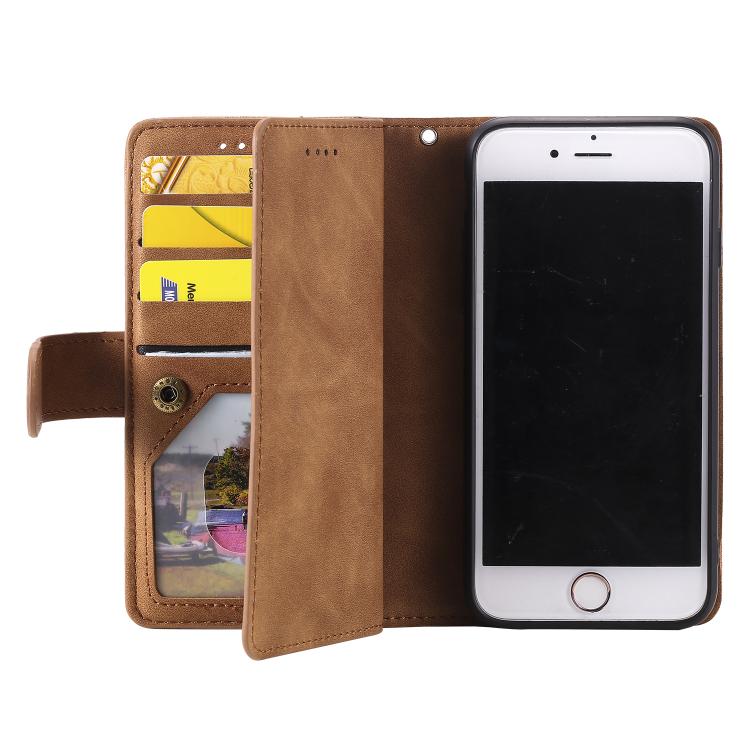 For iPhone 16e Nine Card Zipper Bag Leather Phone Case with Lanyard(Brown) by bashfashion