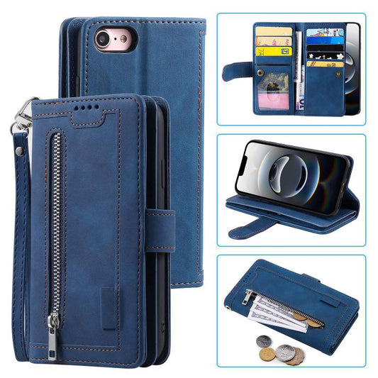 For iPhone 16e Nine Card Zipper Bag Leather Phone Case with Lanyard(Blue) by bashfashion