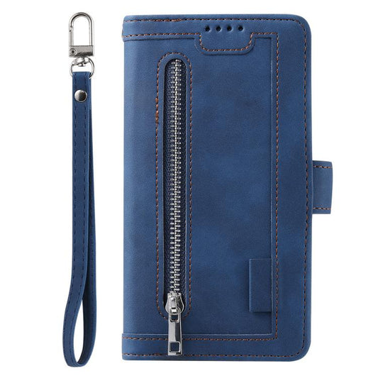 For iPhone 16e Nine Card Zipper Bag Leather Phone Case with Lanyard(Blue) by bashfashion