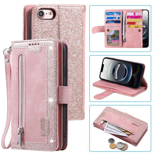 For iPhone 16e Nine Card Zipper Bag Leather Phone Case with Lanyard(Pink) by bashfashion