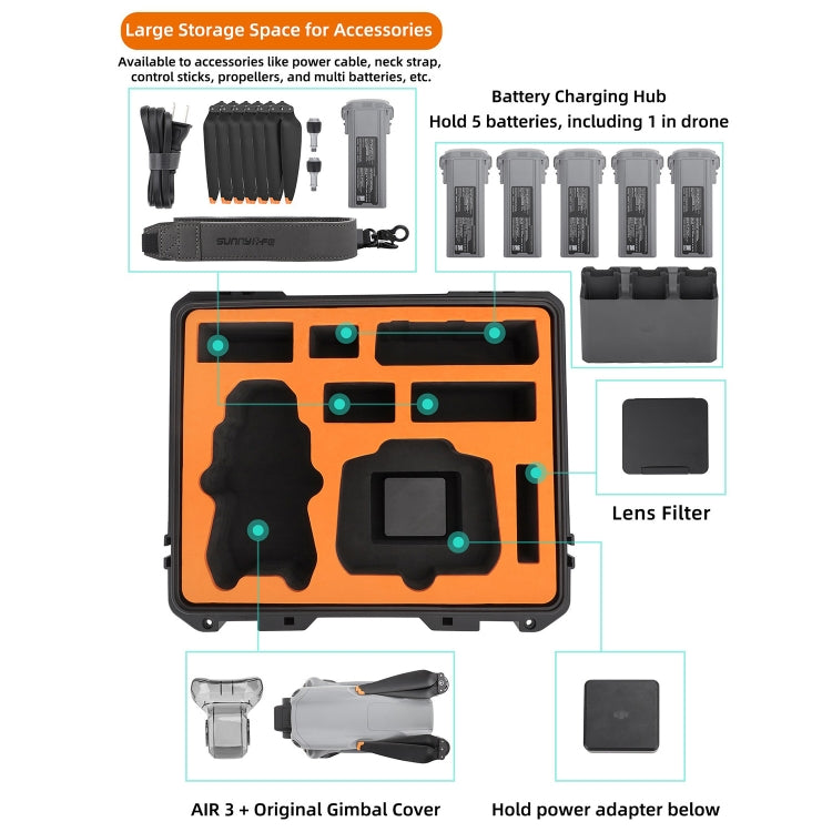 For DJI Air 3 Sunnylife Safety Carrying Case Large Capacity Waterproof Shock-proof Hard Travel Case Multi-battery Flying Version by Sunnylife