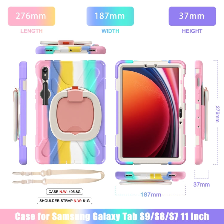For Samsung Galaxy Tab S9 / S8 / S7 Silicone Hybrid PC Tablet Case with Holder & Shoulder Strap(Colorful Pink) by bashfashion