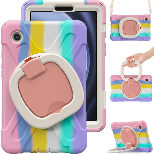 For Samsung Galaxy Tab A9 / Tab A11 Silicone Hybrid PC Tablet Case with Holder & Shoulder Strap(Colorful Pink) by bashfashion