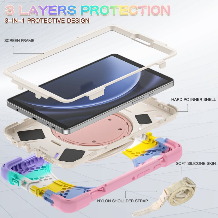 For Samsung Galaxy Tab A9 / Tab A11 Silicone Hybrid PC Tablet Case with Holder & Shoulder Strap(Colorful Pink) by bashfashion