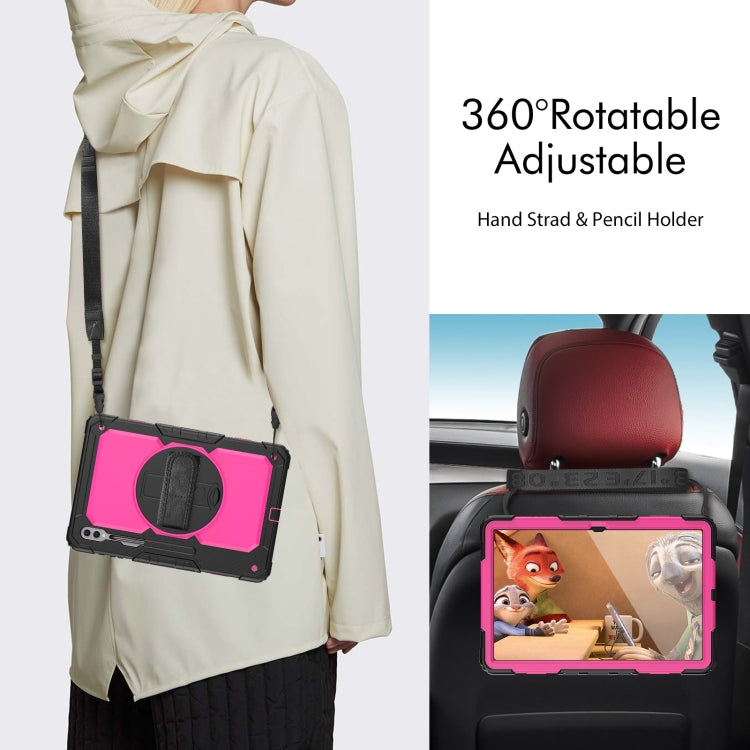 For Samsung Galaxy Tab S9 Ultra / S10 Ultra Lucky Wheel Grip Silicone Hybrid PC Tablet Case with Shoulder Strap(Black+Rose Red) by bashfashion