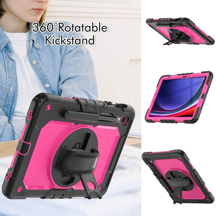 For Samsung Galaxy Tab S9 / S9 FE / S10 FE Lucky Wheel Grip Silicone Hybrid PC Tablet Case with Shoulder Strap(Black+Rose Red) by bashfashion