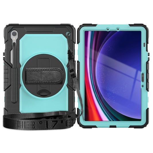 For Samsung Galaxy Tab S9 / S9 FE / S10 FE Lucky Wheel Grip Silicone Hybrid PC Tablet Case with Shoulder Strap(Black+Light Blue) by bashfashion