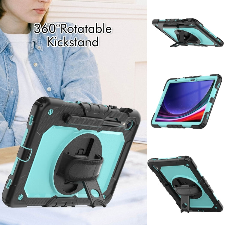 For Samsung Galaxy Tab S9 / S9 FE / S10 FE Lucky Wheel Grip Silicone Hybrid PC Tablet Case with Shoulder Strap(Black+Light Blue) by bashfashion