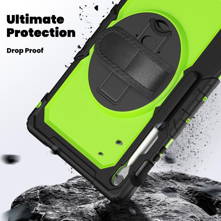 For Samsung Galaxy Tab S10 FE+ Lucky Wheel Grip Silicone Hybrid PC Tablet Case with Shoulder Strap(Black+Yellow Green) by bashfashion