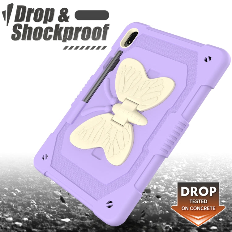 For Samsung Galaxy Tab S9 Butterfly Kickstand Heavy Duty Hard Rugged Tablet Case(Beige+Raro Purple) by bashfashion